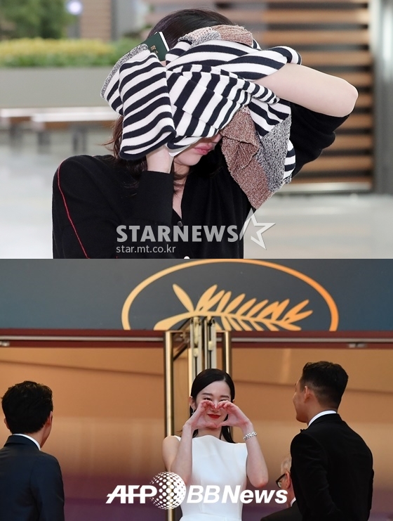 칸국제영화제 출국 전 인천국제공항에서의 전종서(사진 위), 칸국제영화제 레드카펫에 참석한 전종서/사진=김창현 기자(사진 위), AFPBBNews=뉴스1