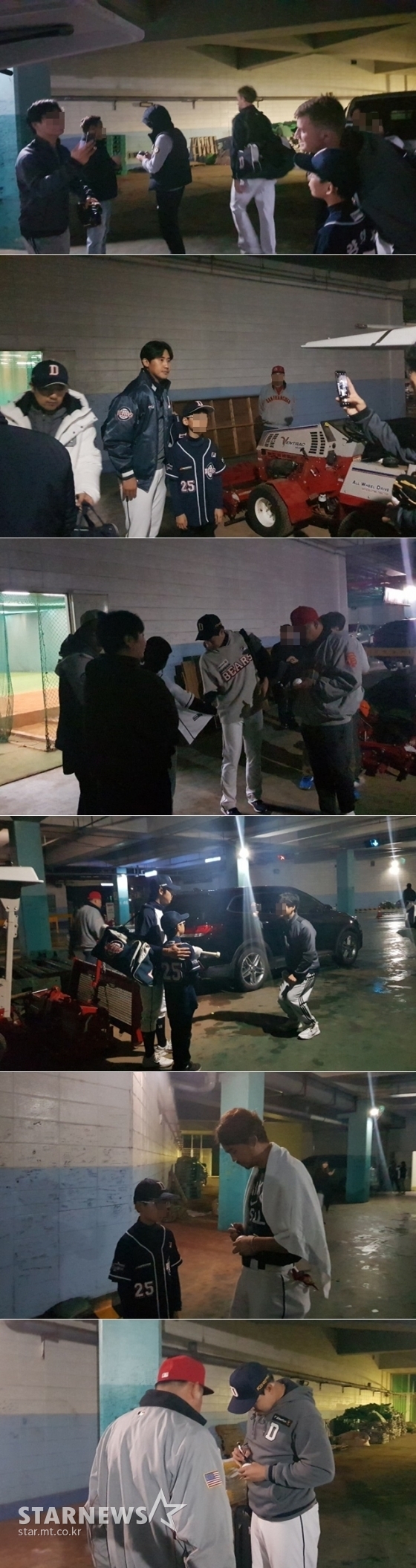 (위로부터 아래로) 후랭코프, 이용찬, 박건우, 정수빈, 오재원, 오재일이 팬들의 사인 및 사진 요청에 응하고 있다.