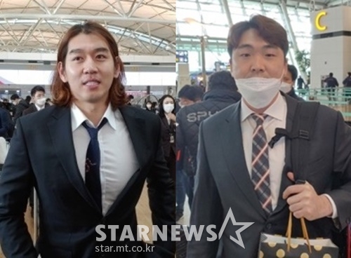 스프링캠프 출국을 앞두고 만난 KT 이대은(왼쪽)과 LG 이형종. /사진=한동훈 기자