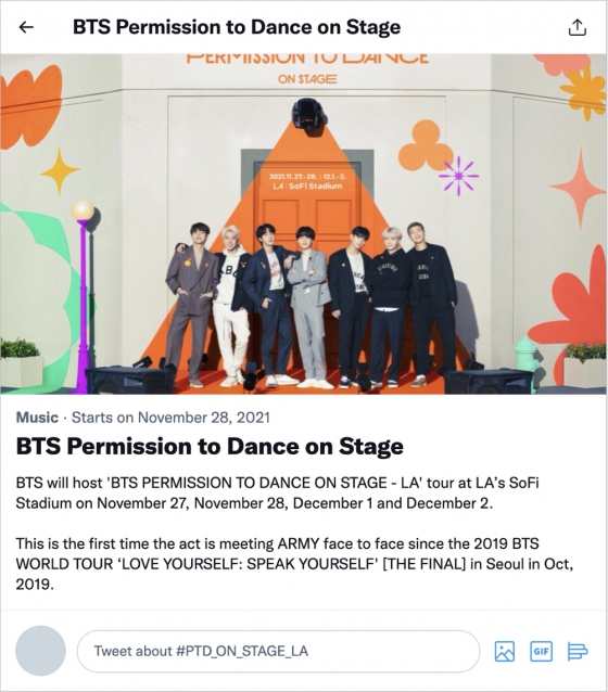 트위터가 제공하는 'BTS Permission to Dance on Stage' 라이브 이벤트 페이지 /사진제공=트위터