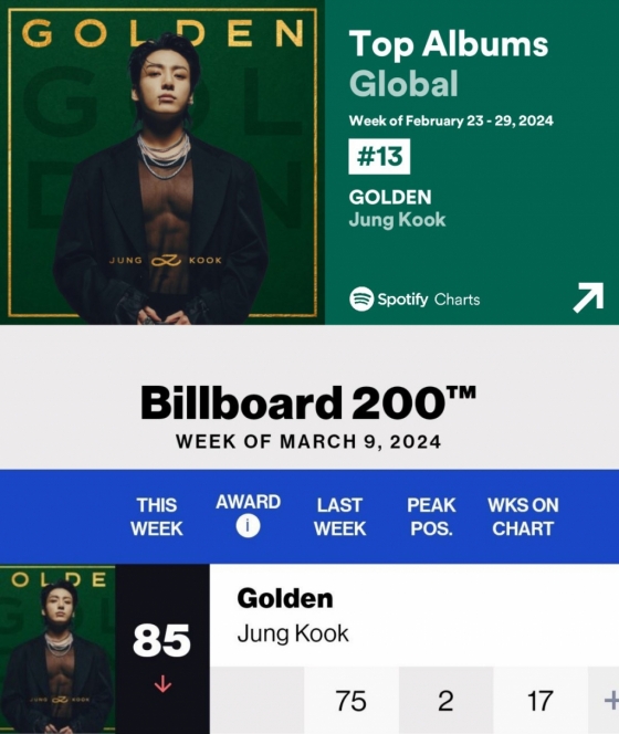 방탄소년단 정국 'GOLDEN', 스포티파이 글로벌 주간 앨범 차트 17주 연속 차트인..K팝 솔로 최초·최장