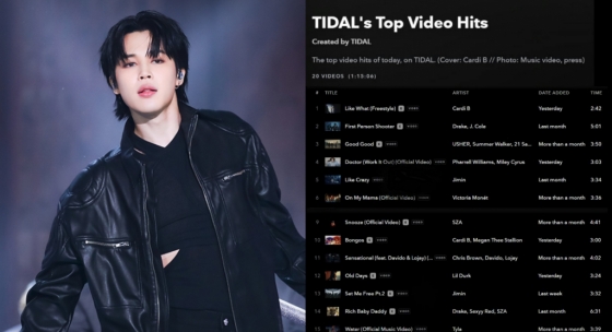 방탄소년단 지민, 타이달 인기 동영상 차트 2곡 동시 진입..K팝 최초·유일