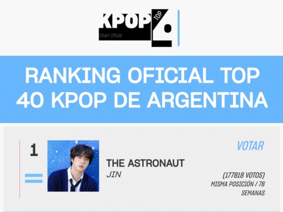 방탄소년단 진 '디 애스트로넛', 아르헨티나 'Top 40 Kpop' 차트 78주 연속 1위