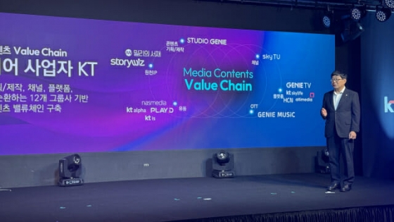김훈배 KT 미디어플랫폼 사업본부장이 그룹사 AI 시너지 확대와 관련한 내용을 설명하고 있다.