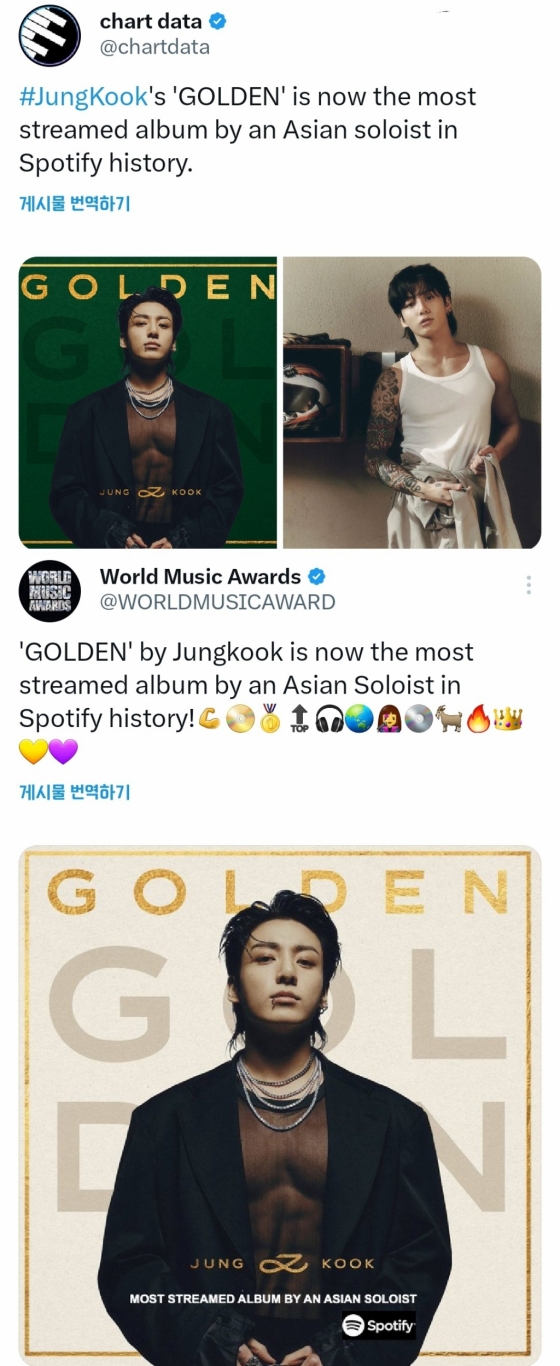 방탄소년단 정국 'GOLDEN', 스포티파이 33억 스트리밍 돌파..亞솔로 가수 앨범 '최다'