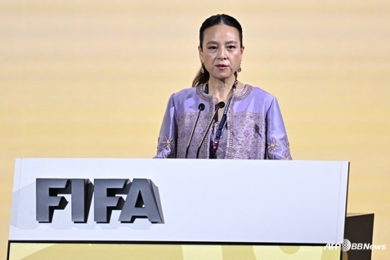 국제축구연맹(FIFA)에서 직접 연설하는 람삼 회장. /AFPBBNews=뉴스1
