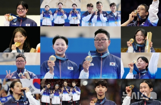 대한민국이 2024 파리 올림픽에서 금메달 13개, 은메달 9개, 동메달 10개 총 32개 메달로 이번 대회를 마쳤다. 사진은 2024 파리 올림픽 한국 금메달리스트 모습.사진 중앙은 2024 파리 올림픽 최우수선수(MVP)로 선정된 양궁 김우진·임시현. 사진 맨 왼쪽 상단부터 시계방향으로 사격 여자 10m 공기권총 오예진, 양궁 여자 단체 임시현·전훈영·남수현, 양궁 남자 단체 김우진·김제덕·이우석, 펜싱 남자 사브르 개인 오상욱, 사격 여자 권총 25m 양지인, 양궁 여자 개인 임시현, 태권도 여자 57kg급 김유진, 태권도 남자 58kg급 박태준, 펜싱 남자 사브르 단체 오상욱·구본길·박상원·도경동, 배드민턴 여자 단식 안세영, 양궁 남자 개인 김우진, 사격 여자 10m 공기소총 반효진. /사진=뉴시스