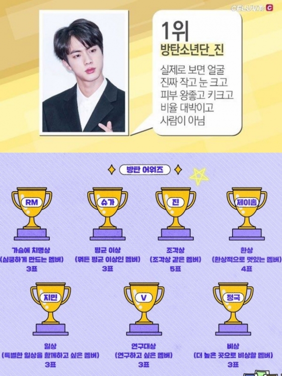 '美의 남신' 방탄소년단 진, '2024 베스트 케이팝 비주얼' 1위