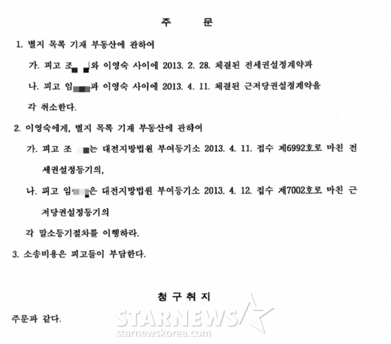 /사진=스타뉴스가 입수한 2013년 채권자 A씨가 이영숙을 상대로 제기한 사해행위쉬소 소송 판결문이다.