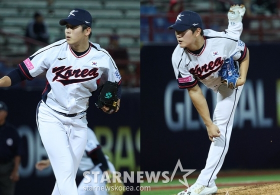 박영현(왼쪽)과 김택연이 10일 대만 타이베이시의 톈무 야구장에서 열린 대만프로야구(CPBL) 웨이취안 드래곤스와 평가전에서 투구하고 있다. /사진=김진경 대기자 