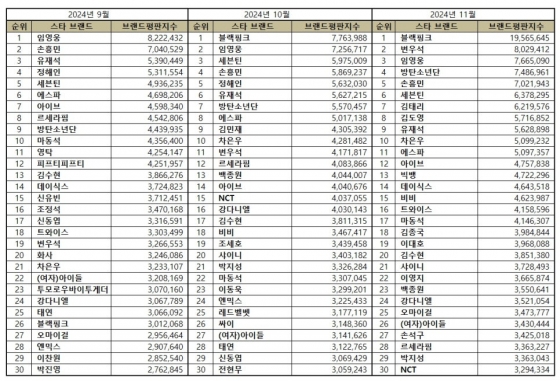 임영웅, 11월 스타 브랜드 평판 톱3