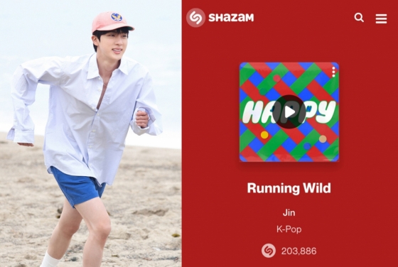 방탄소년단 진 'Running Wild' 스포티파이 2억 스트리밍 돌파..'막강 음원 파워'