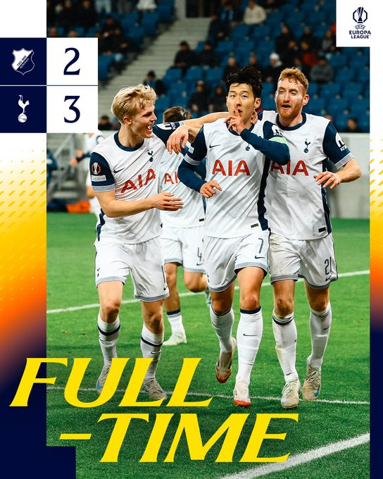 토트넘은 24일(한국시간) 프리제로 아레나에서 열린 호펜하임과의 '2024~2025시즌 유럽축구연맹(UEFA) 유로파리그(UEL)' 리그 페이즈 7라운드 원정에서 3-2로 승리했다. 사진은 왼쪽부터 루카스 베리발, 손흥민, 데얀 클루셉스키. /사진=토트넘 공식 SNS