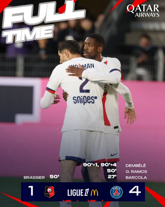 파리 생제르맹(PSG)은 9일(한국시각) 프랑스 렌의 로아존 파르크에서 열린 스타드 렌과 '2024~2025시즌 프랑스 리그1' 25라운드 원정에서 4-1로 승리했다. 사진은 아슈라프 하키미(왼쪽)와 우스만 뎀벨레. /사진=PSG 공식 SNS 갈무리