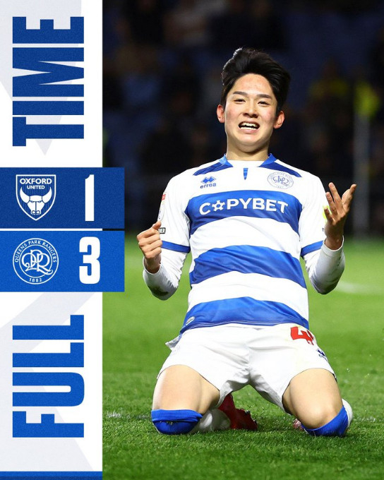 양민혁이  10일 영국 옥스퍼드 카삼 경기장에서 열린 QPR 대 옥스퍼드 유나이티드와 '2024-2025시즌 잉글랜드 챔피언십 41라운드'에서 골 세리머니를 펼치고 있다. /사진=QPR 공식 SNS 갈무리