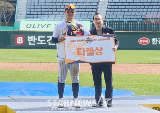 김지우(왼쪽)가 타점상을 수상하고 기념촬영을 하고 있다. /사진=안호근 기자
