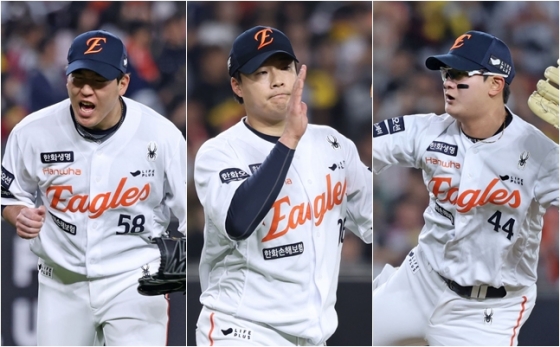 7회부터 9회까지 완벽하게 1이닝씩을 막은 박상원(왼쪽부터), 한승혁, 김서현. /사진=한화 이글스