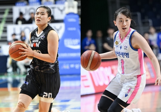 우리은행 이명관(왼쪽)-삼성생명 이주연. /사진=WKBL 제공 