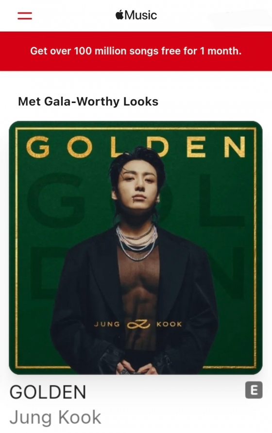 방탄소년단 정국, 마돈나·테일러 스위프트와 나란히..'GOLDEN', 애플 뮤직 '멧 갈라' 앨범 리스트 포함