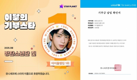 방탄소년단 진, 스타플래닛 '4월의 기부 요정' 등극