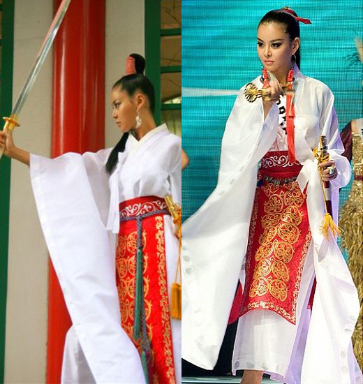 ↑19일 이네스 리그롱의 블로그에 올라온 사진(왼쪽)과 22일밤 전통의상쇼에 등장한 이지선의 모습.