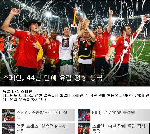 ↑스페인의 우승 소식을 전한 유로2008 한국어판 홈페이지