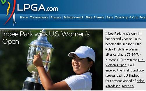 ↑박인비의 US오픈 우승소식을 전한 LPGA 홈페이지