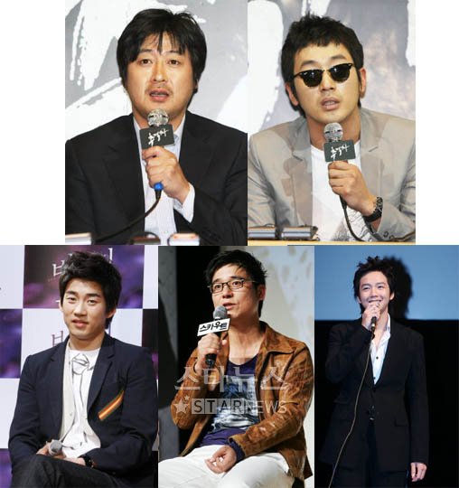 'HOT 무비스타 남자부문' 후보들(김윤석,하정우,장근석,임창정,윤계상-상단부터 시계방향)