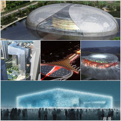 ↑ 올림픽을 앞둔 베이징의 주요 상징 건물들. 위로부터 국립극장, CCTV, 신공항, 올림픽 주경기장, 워터큐브 실내 수영장(위에서 아래, 왼편에서 오른편 순)