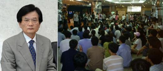 이병순 KBS 신임 사장(좌)과 KBS 사원행동(우)