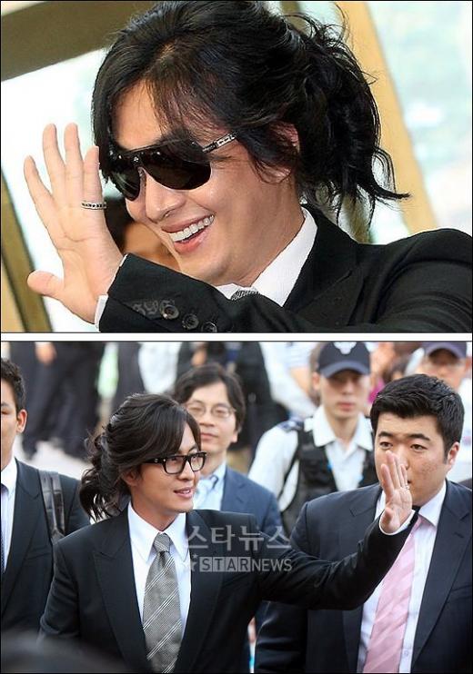 ↑(사진위)박성웅-신은정의 결혼식에 참석한 배용준, (사진아래)화관문화훈장을 수훈하기 위해 청주에 도착한 배용준.