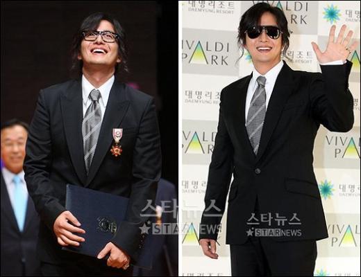↑(사진왼쪽)충북 청주 예술의 전당에서 화관문화훈장 수훈받은 배용준, (사진오른쪽)태사기 커플 박성웅-신은정 결혼식에 참석한 배용준.