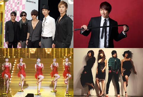 동방신기, 비, 브라운아이드걸스, 원더걸스(위 왼쪽부터 시계방향)