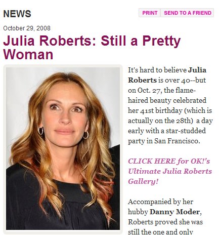 ↑줄리아 로버츠의 41번째 생일을 보도한 영국 연예주간지 \'OK! \'