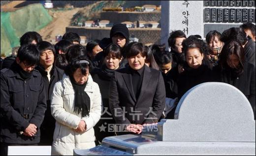 ↑故 최진실 49재에 참석한 유족 및 연예계 동료들 ⓒ양수리(경기)=이명근 기자