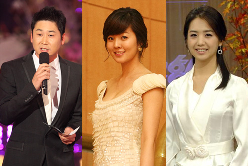 2008 KBS 연예대상의 MC를 맡은 신동엽과 김성은(ⓒ임성균), 이지애 KBS 아나운서(ⓒKBS)