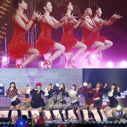 ↑원더걸스의 '사랑의 총알춤'(위)과 소녀시대의 '앙탈춤'