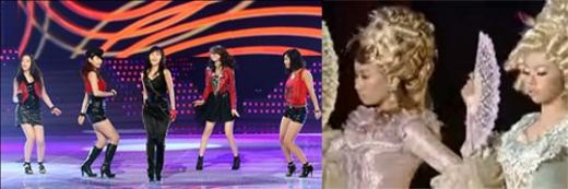 원더걸스가 30일 KBS '가요대축제'에서 선보인 의상(왼쪽)과 29일 SBS '가요대전'에서 선보인 의상