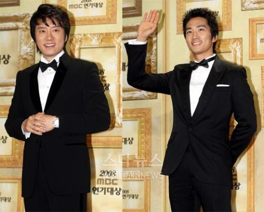 ↑ \'2008 MBC 연기대상\' 수상자 김명민(왼쪽)과 송승헌 ⓒ임성균 기자