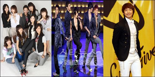 ↑소녀시대, 동방신기, 비(왼쪽부터)