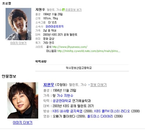 ↑ 지현우의 네이버 인물정보(위)와 네이트 인물정보(아래)