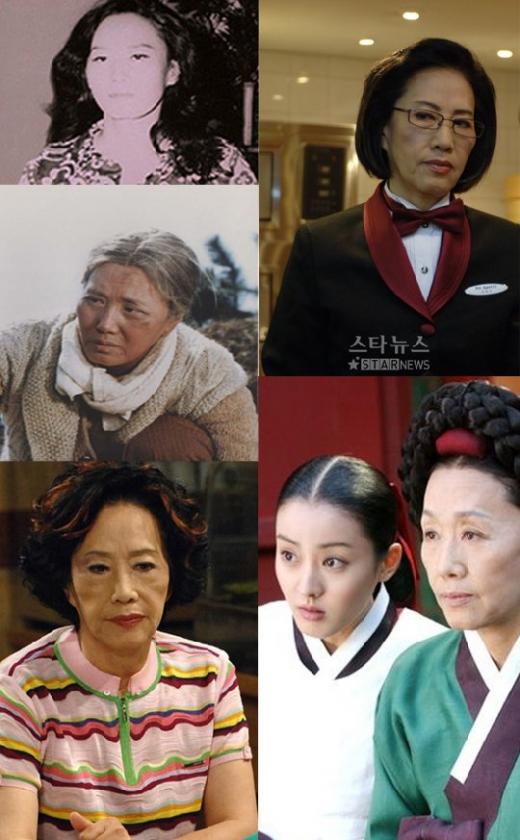 여운계 젊은 시절 사진(1962년), MBC '프란체스카 시즌3'(2005), MBC '대장금'(2003년), KBS '달래네 집'(2004년), 영화 '혼자도는 바람개비'(1991년) (왼 위쪽부터 시계방향)