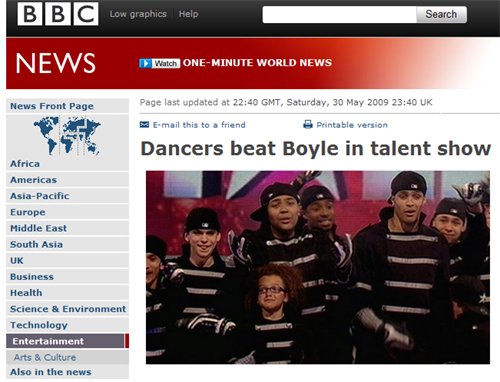 ↑ 다이버시티가 수잔 보일을 누르고 \'브리튼즈 갓 탤런트\'에서 우승했다고 보도한 BBC 뉴스