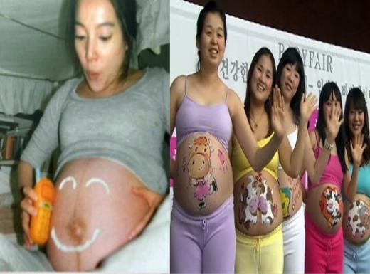 ↑웅진코웨이 광고(왼쪽)와 '베이비페어' 임신부 보디페인팅 행사