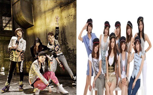 ↑2NE1(왼쪽)과 소녀시대