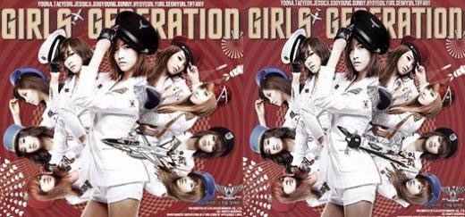 새롭게 교체된 소녀시대 재킷(왼쪽)과 왜색논란을 빚은 재킷 이미지