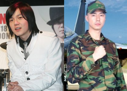 오는 27일 공군 군악대에 입대하는 전민혁(왼쪽)과 지난 4월 공군 군악대에 입대한 조인성 