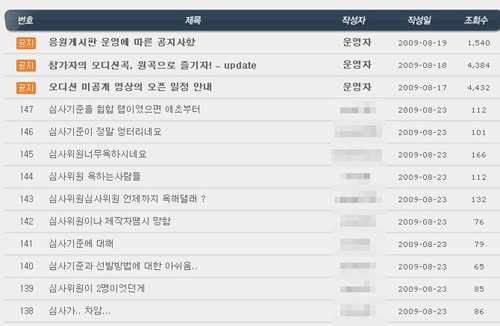 ↑Mnet '슈퍼스타K' 시청자게시판