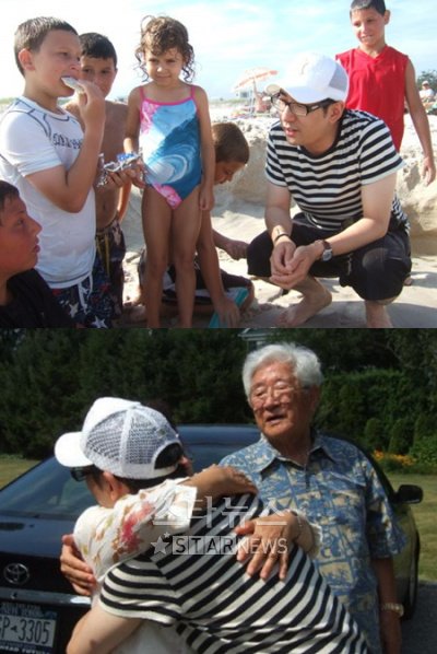 ↑ 위 사진은 유진 박(34)이 바닷가에서 즐거운 시간을 보내는 모습. 아래는 외할아버지, 외할머니를 만나는 모습. 