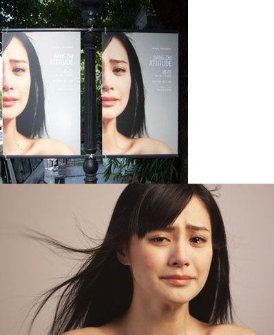 ↑박물관 앞에 설치된 질리안 청 포스터(위)/동영상에서 질리안 청이 눈물 흘리는 장면(아래)ⓒ홍망